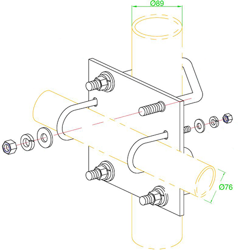 76-89mm diameter galvanised steel and stainless steel right-angle heavy-duty mount clamp for 60mm and 76-89mm diameter poles